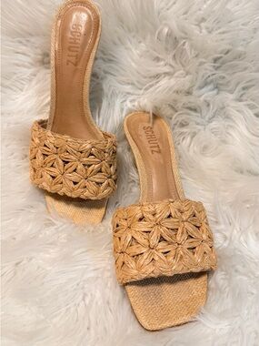 SCHUTZ Tan Woven Slide Mules heels size 6.5 B